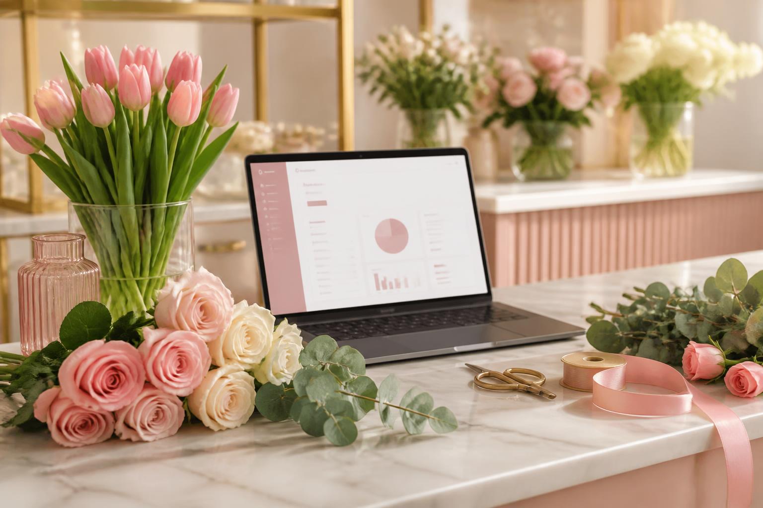Floricultura moderna usando software de gestão em um laptop rodeado de flores frescas